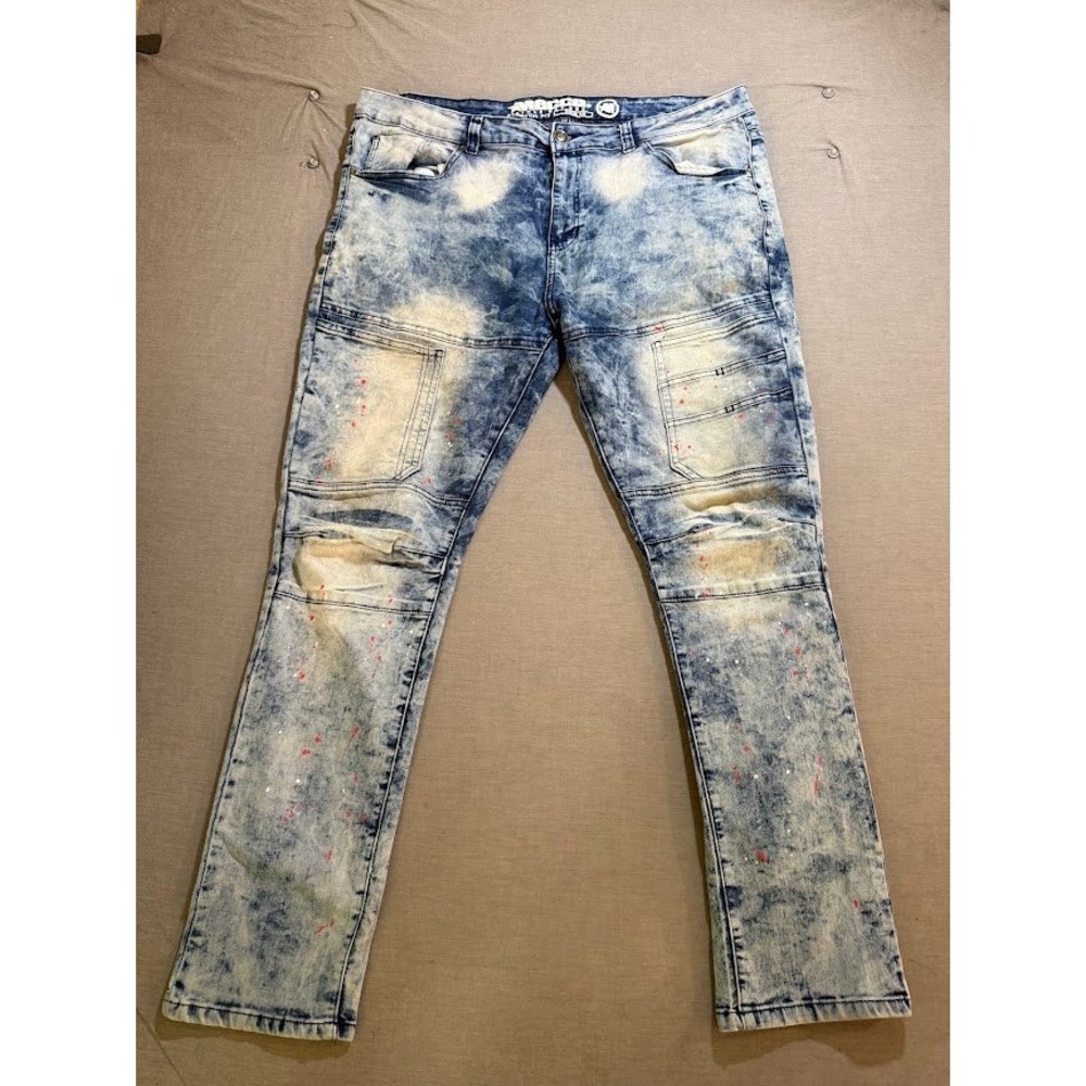 Mecca Mens Jeans Size 40 Stretch Fit‎ Denim Blue Wash Paint Splatter 42X30.